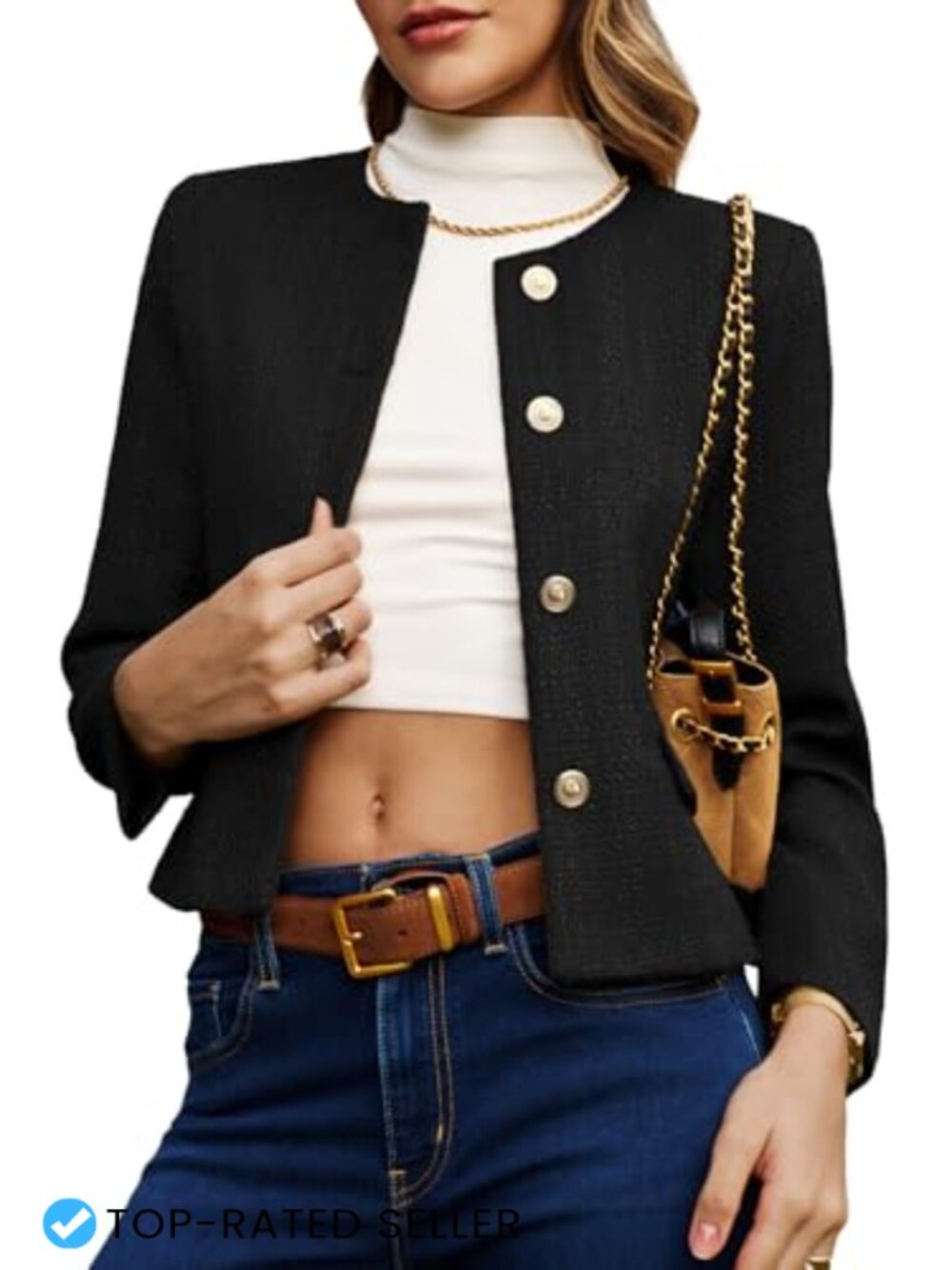 Cropped Tweed Blazer Collarless Button Down Business Casual Jacket